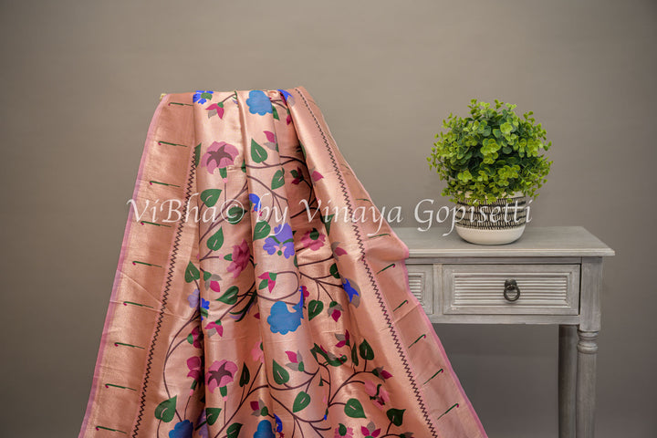 Pastel Pink Banarasi Paithani Silk Saree And Blouse