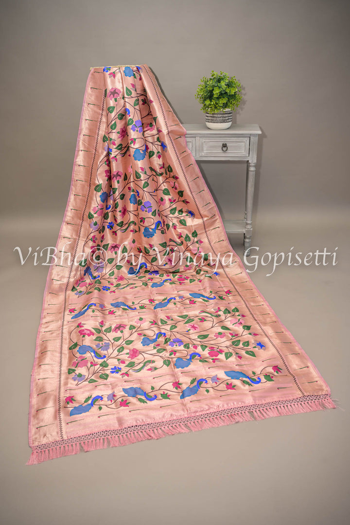 Pastel Pink Banarasi Paithani Silk Saree And Blouse