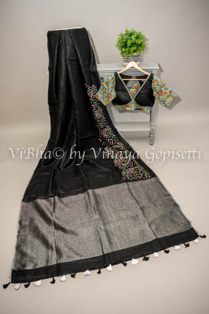 Black and Grey Linen Embroidered Saree And Blouse