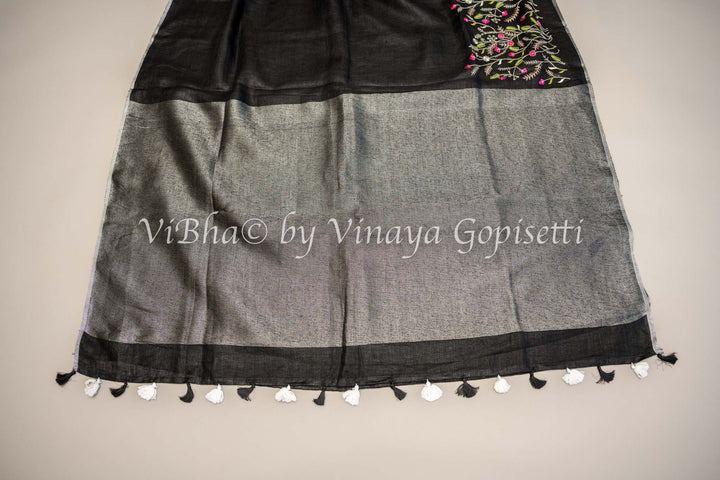 Black and Grey Linen Embroidered Saree And Blouse