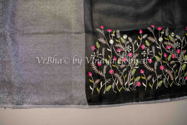 Black and Grey Linen Embroidered Saree And Blouse