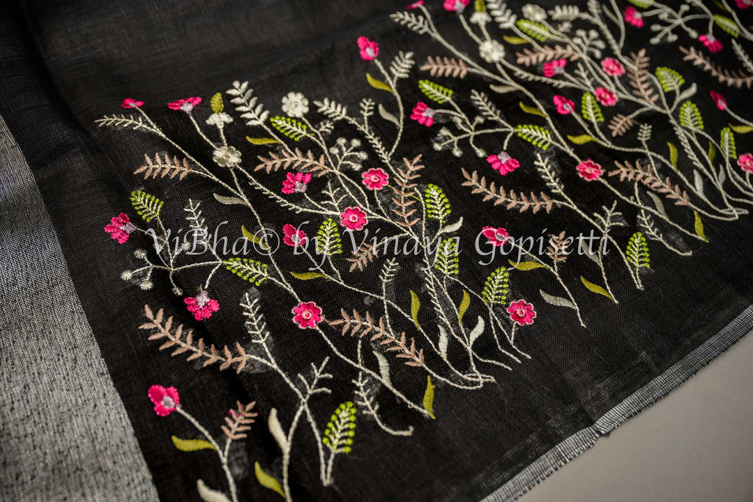 Black and Grey Linen Embroidered Saree And Blouse