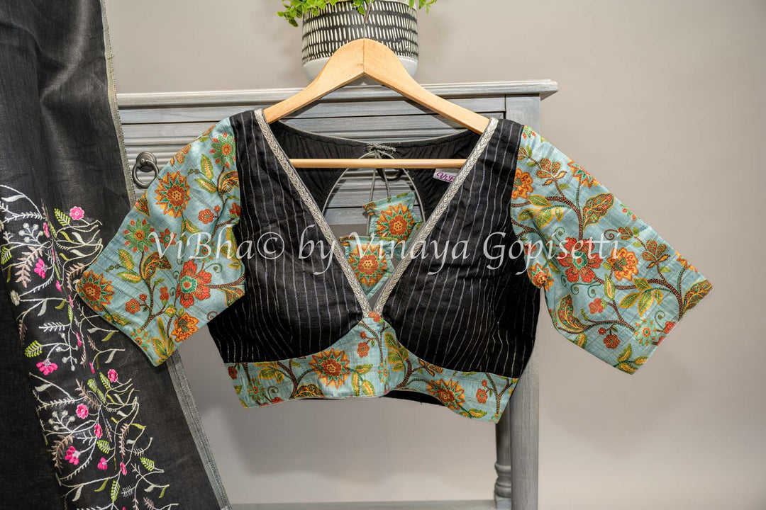 Black and Grey Linen Embroidered Saree And Blouse