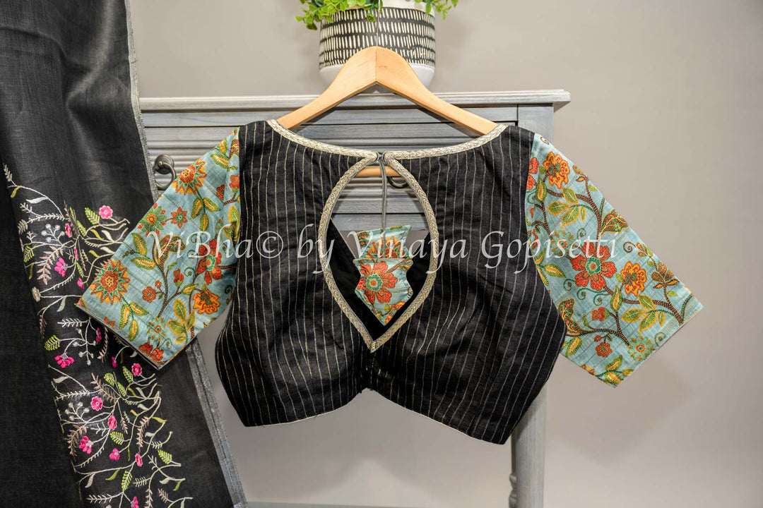 Black and Grey Linen Embroidered Saree And Blouse