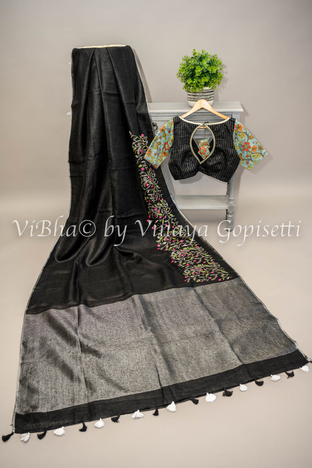 Black and Grey Linen Embroidered Saree And Blouse