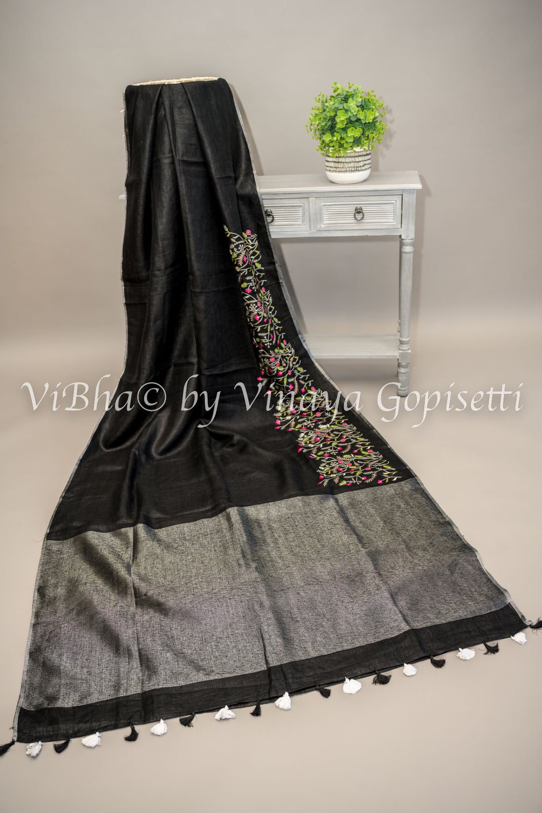 Black and Grey Linen Embroidered Saree And Blouse