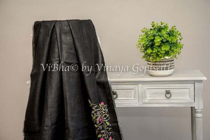 Black and Grey Linen Embroidered Saree And Blouse