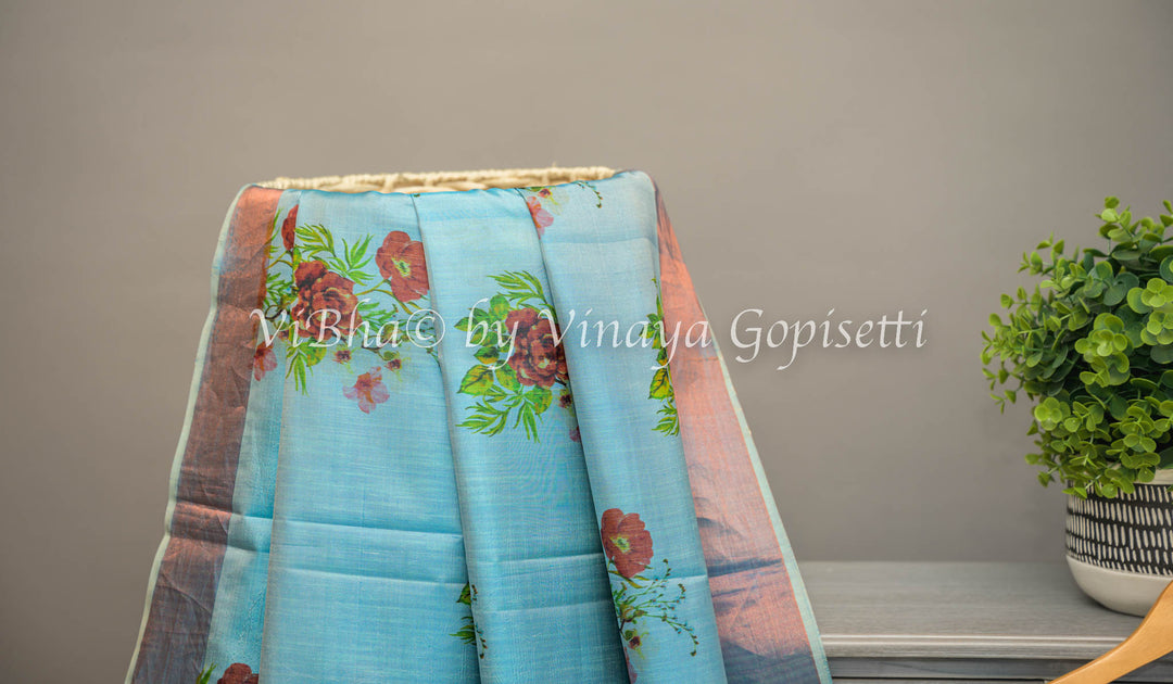 Blue Floral Digital Print Kanchi Soft Silk Saree With Benares Paithani Pallu And Blouse