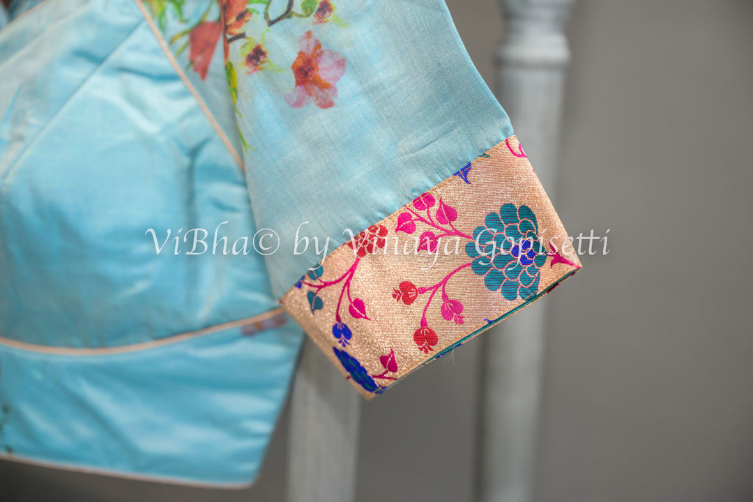 Blue Floral Digital Print Kanchi Soft Silk Saree With Benares Paithani Pallu And Blouse