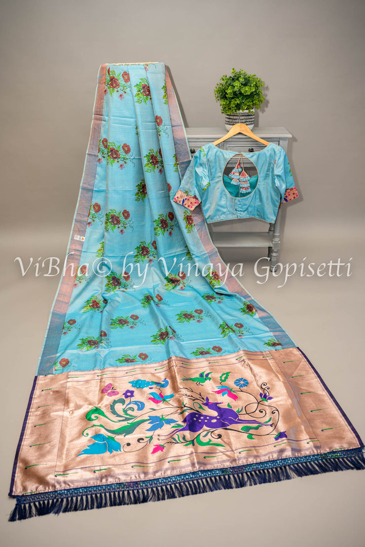 Blue Floral Digital Print Kanchi Soft Silk Saree With Benares Paithani Pallu And Blouse