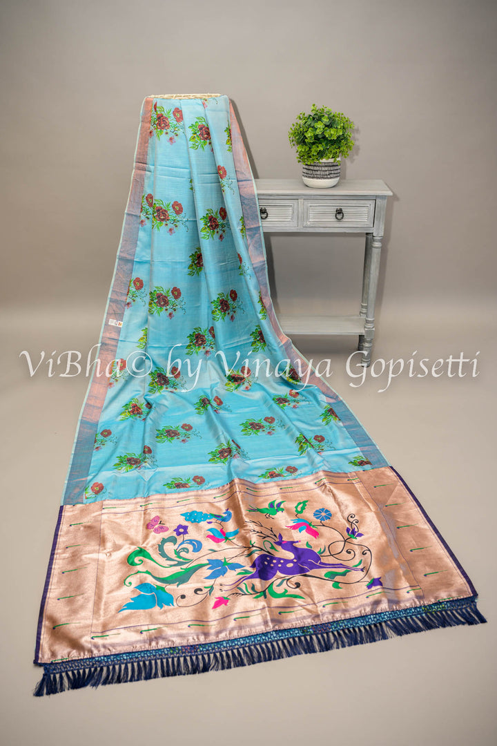 Blue Floral Digital Print Kanchi Soft Silk Saree With Benares Paithani Pallu And Blouse