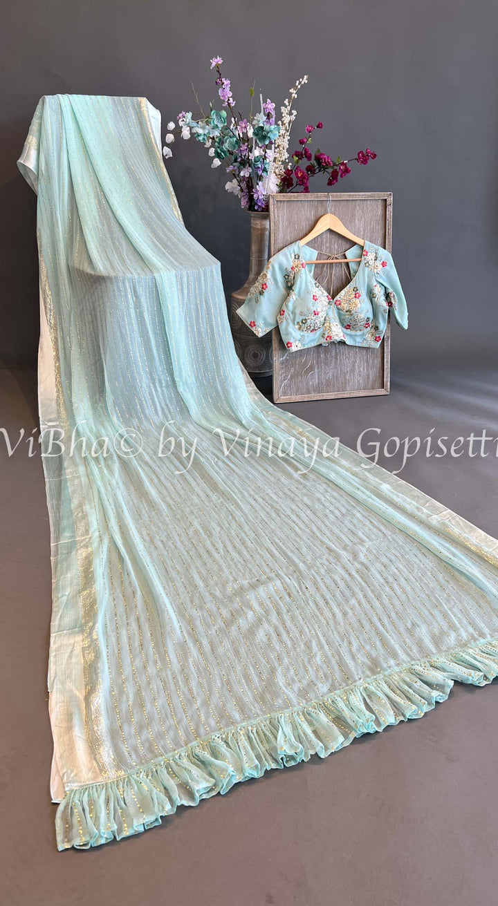 Sky Blue Sequence Chiffon Saree