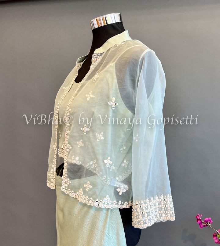 Sage Green Sharara With Sleeveless Embroidered Top And Jacket