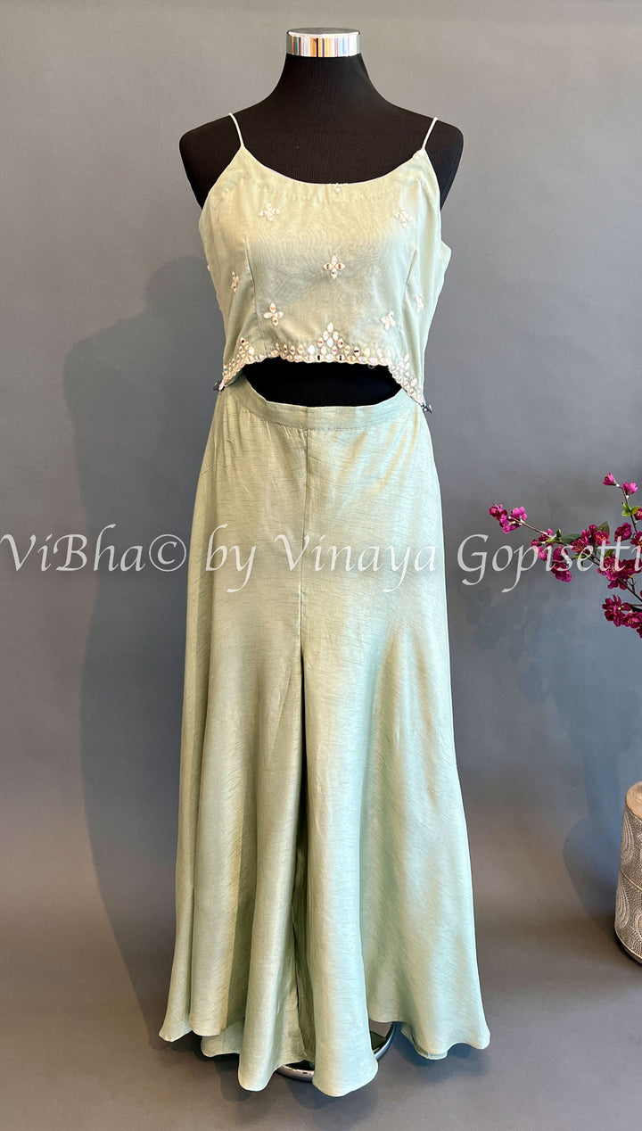 Sage Green Sharara With Sleeveless Embroidered Top And Jacket