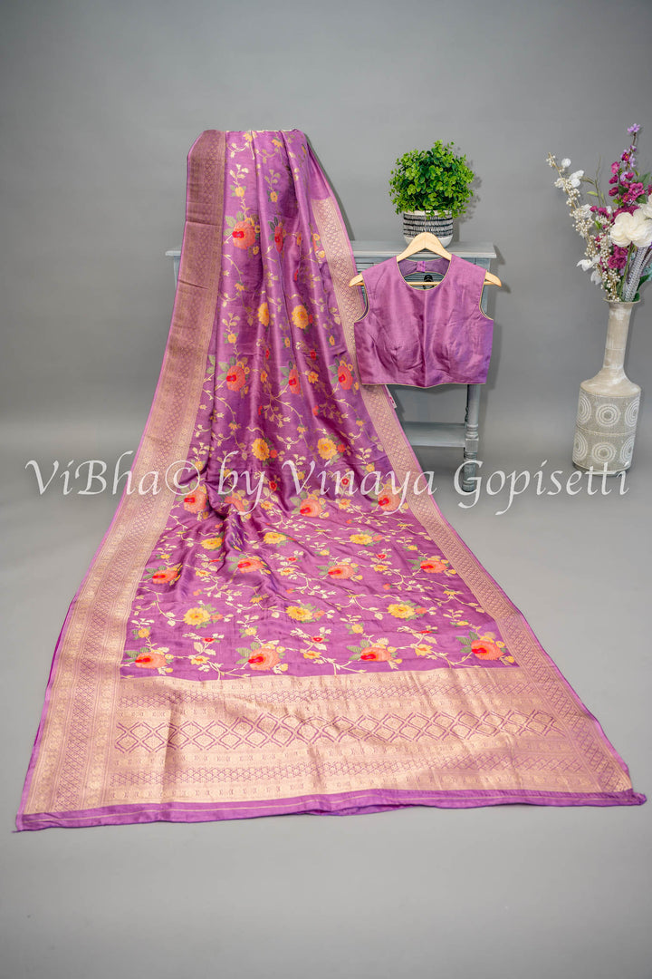 Lavender Banarasi Katan Silk Saree And Blouse With Floral Motifs