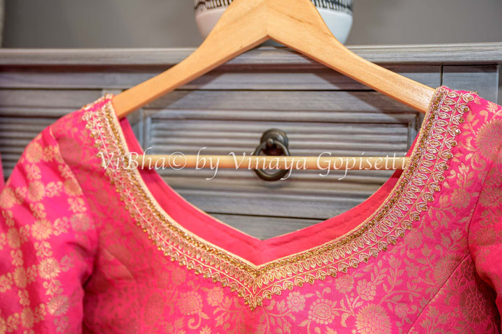 Pink Embroidered Banarasi Silk Saree and Blouse