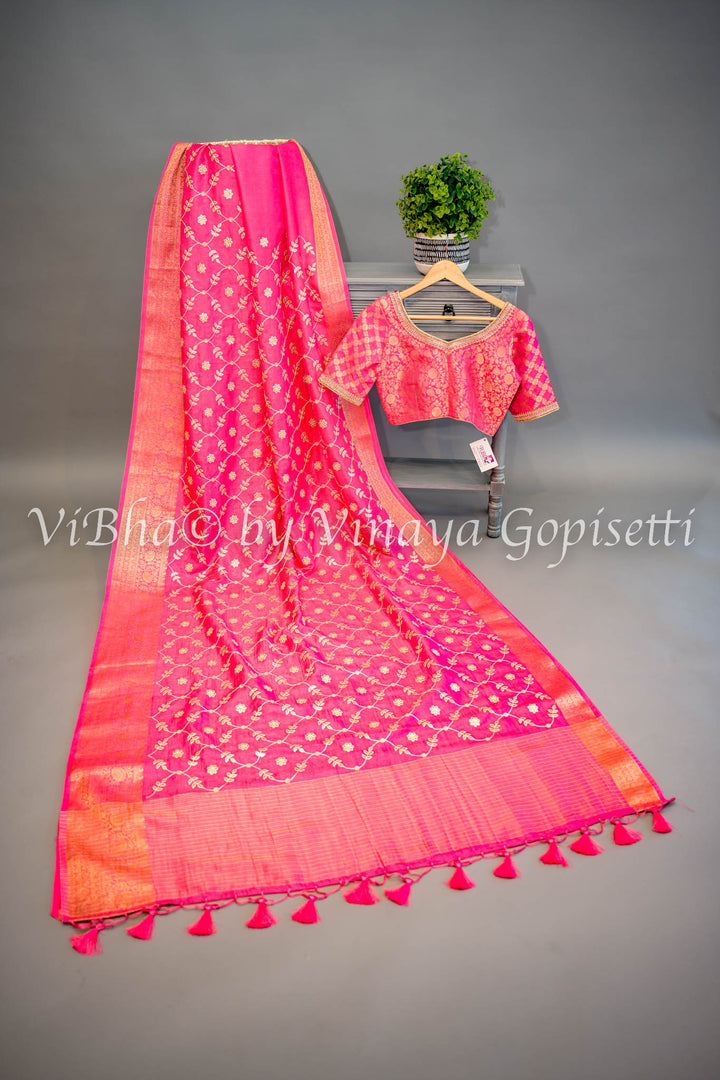 Pink Embroidered Banarasi Silk Saree and Blouse