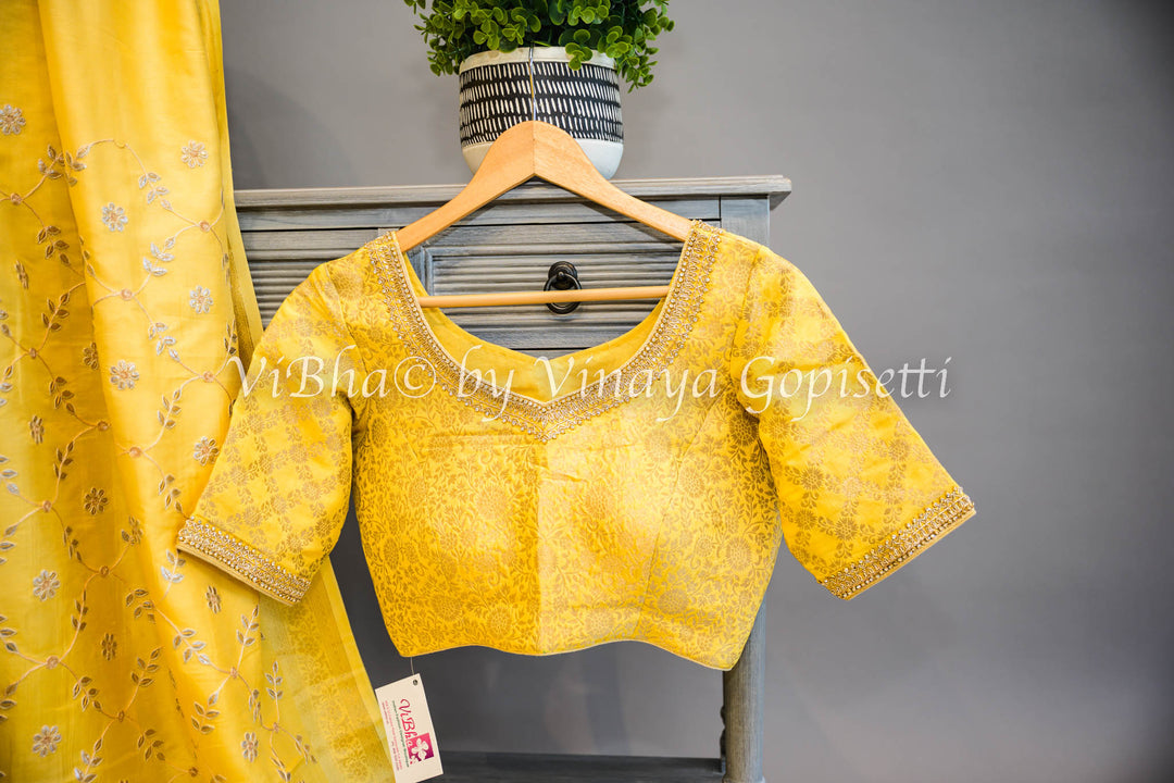 Yellow Embroidered Banarasi Silk Saree and Blouse