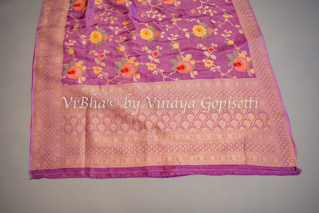 Lavender Banarasi Katan Silk Saree And Blouse With Floral Motifs