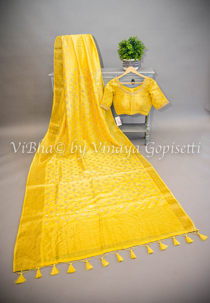 Yellow Embroidered Banarasi Silk Saree and Blouse