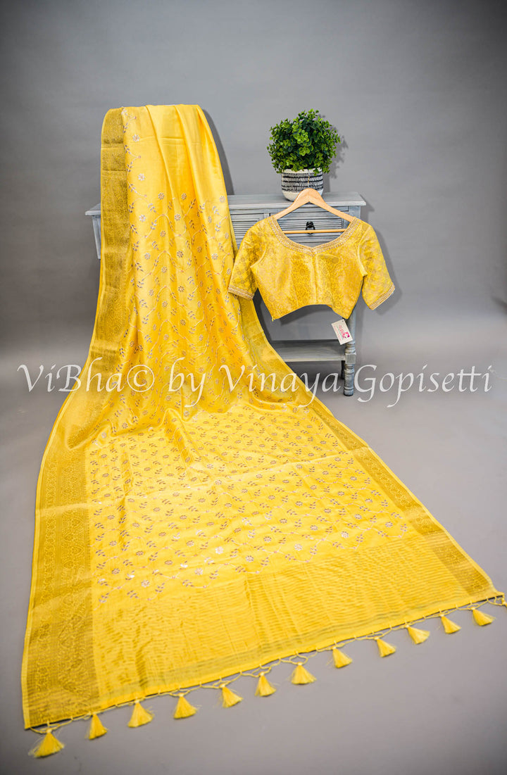 Yellow Embroidered Banarasi Silk Saree and Blouse