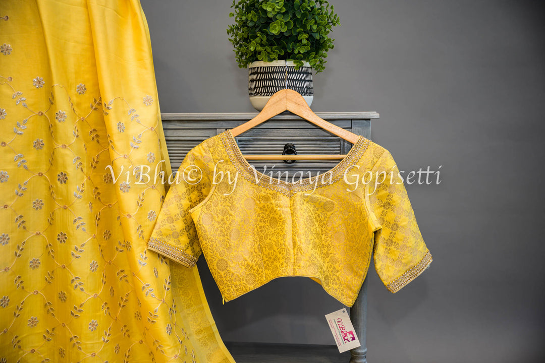 Yellow Embroidered Banarasi Silk Saree and Blouse