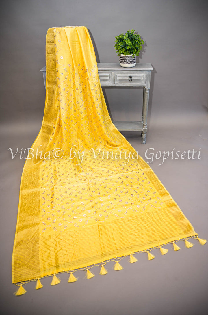 Yellow Embroidered Banarasi Silk Saree and Blouse