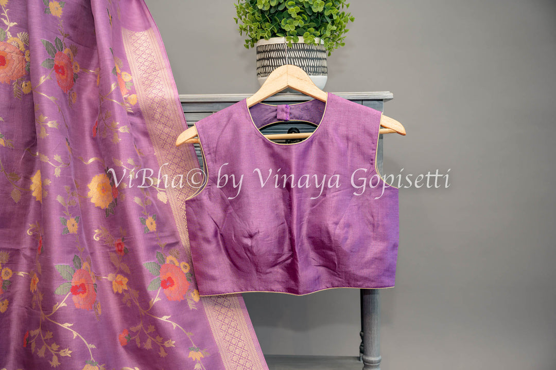 Lavender Banarasi Katan Silk Saree And Blouse With Floral Motifs