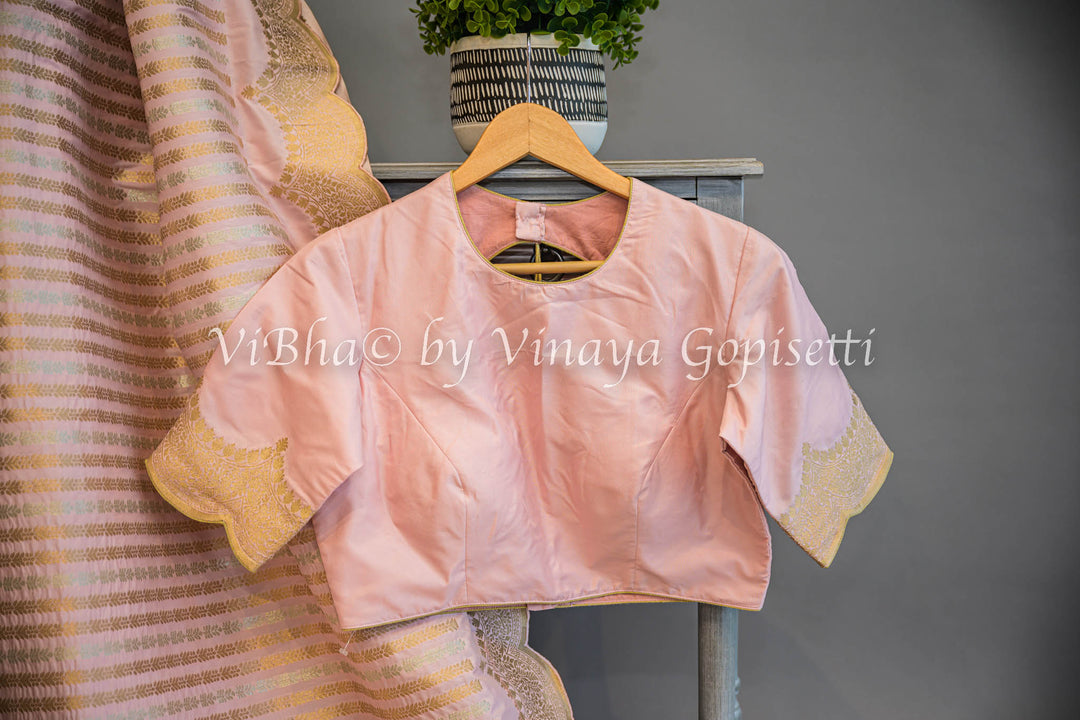 Pastel Pink Banarasi Katan Silk Saree And Blouse