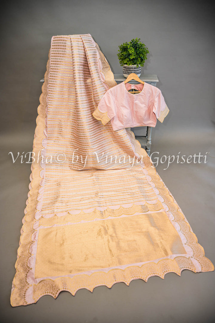 Pastel Pink Banarasi Katan Silk Saree And Blouse