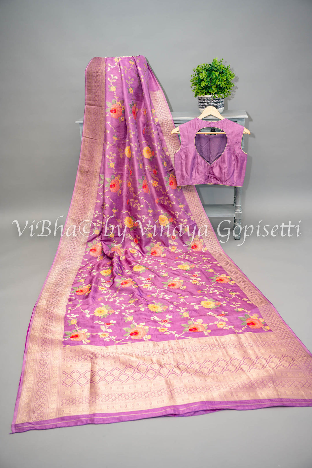 Lavender Banarasi Katan Silk Saree And Blouse With Floral Motifs