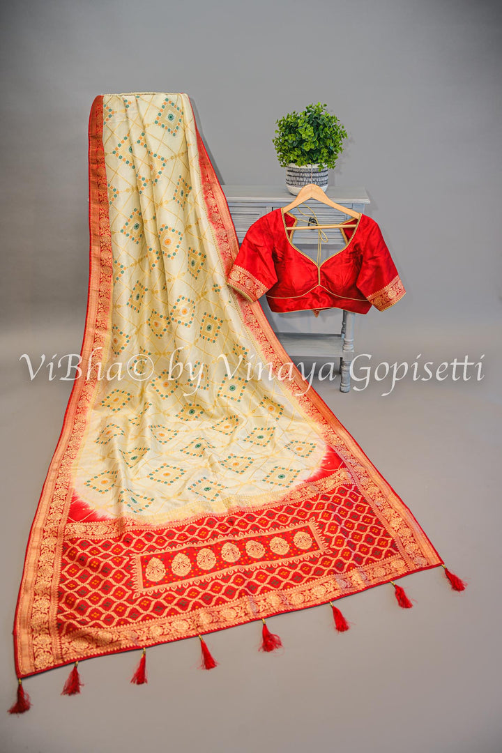 Off White & Red Banarasi Saree and Blouse