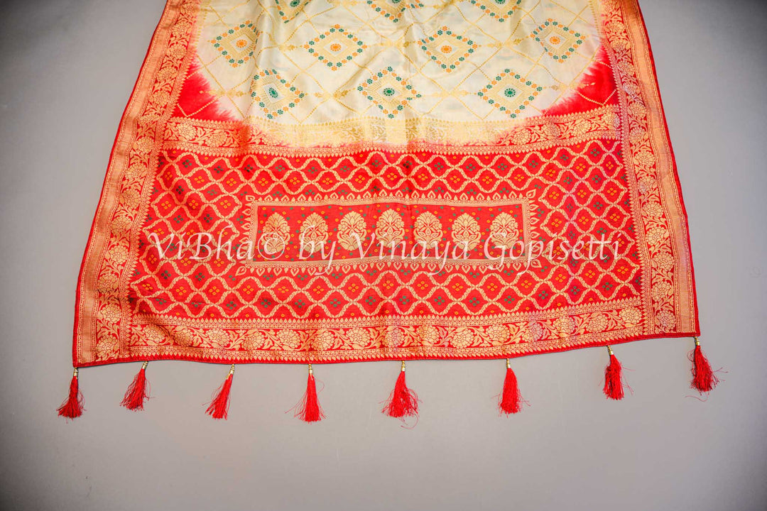 Off White & Red Banarasi Saree and Blouse