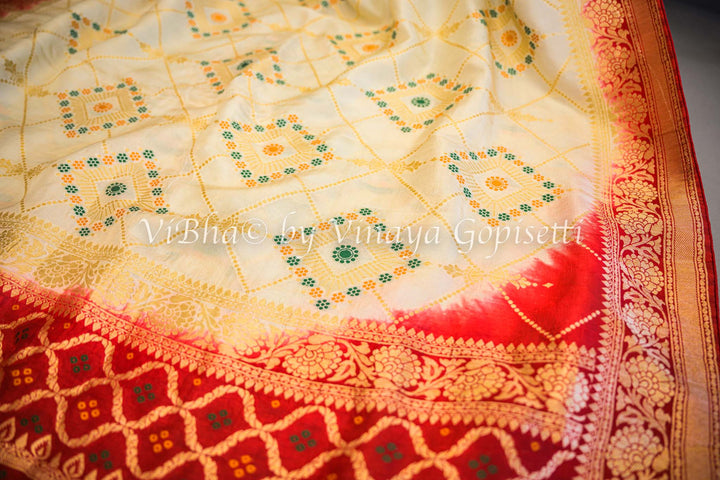 Off White & Red Banarasi Saree and Blouse