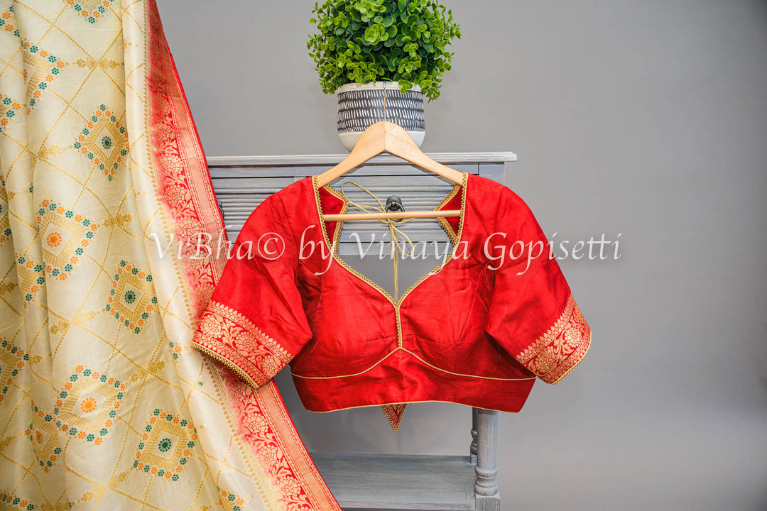 Off White & Red Banarasi Saree and Blouse