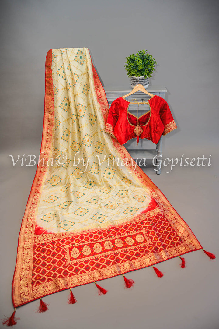 Off White & Red Banarasi Saree and Blouse