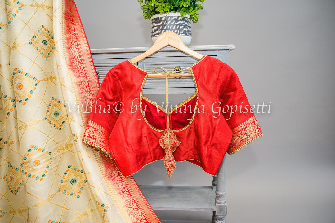 Off White & Red Banarasi Saree and Blouse