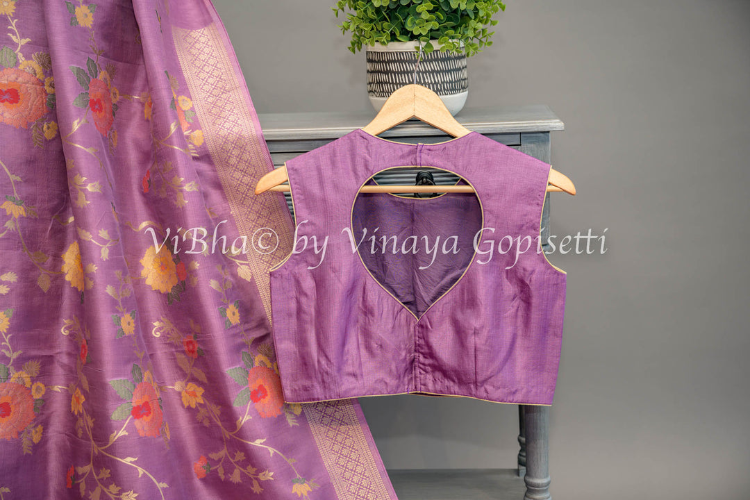 Lavender Banarasi Katan Silk Saree And Blouse With Floral Motifs