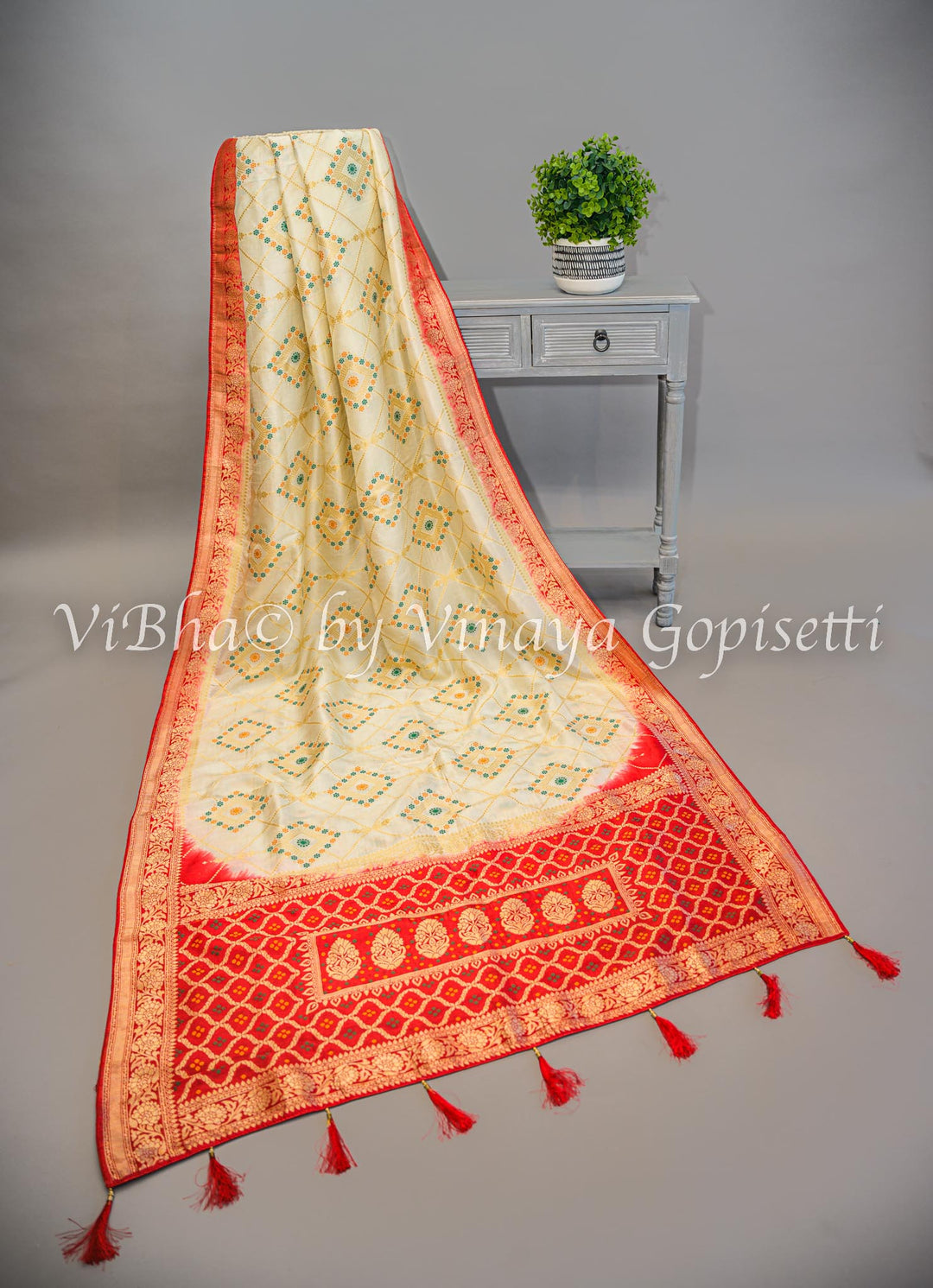 Off White & Red Banarasi Saree and Blouse