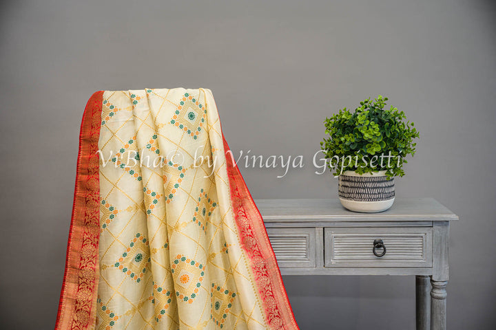 Off White & Red Banarasi Saree and Blouse