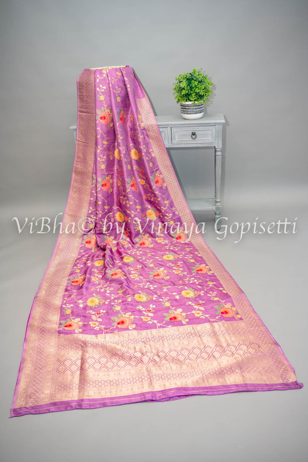 Lavender Banarasi Katan Silk Saree And Blouse With Floral Motifs