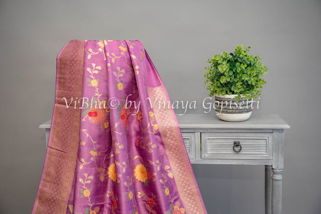 Lavender Banarasi Katan Silk Saree And Blouse With Floral Motifs