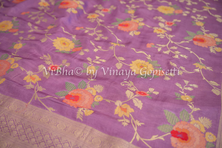 Lavender Banarasi Katan Silk Saree And Blouse With Floral Motifs