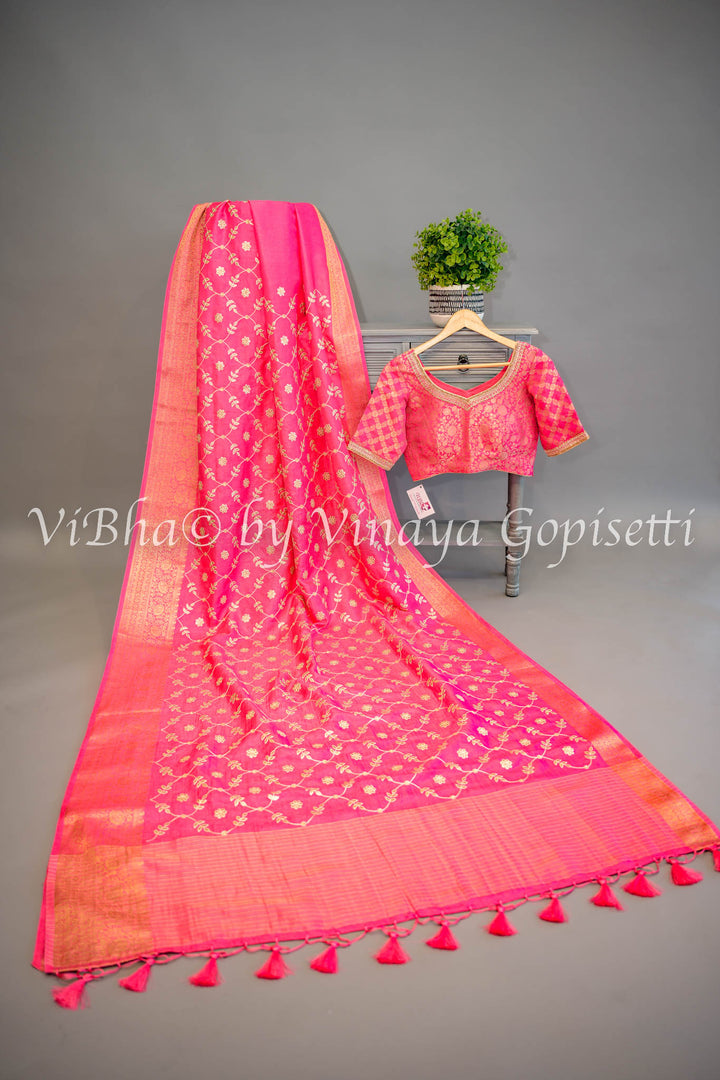 Pink Embroidered Banarasi Silk Saree and Blouse