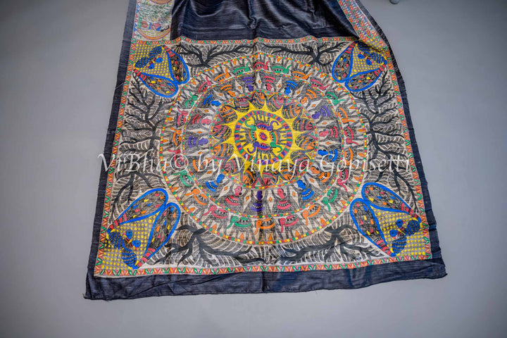 Black Madhubani Tussar Silk Saree and Blouse