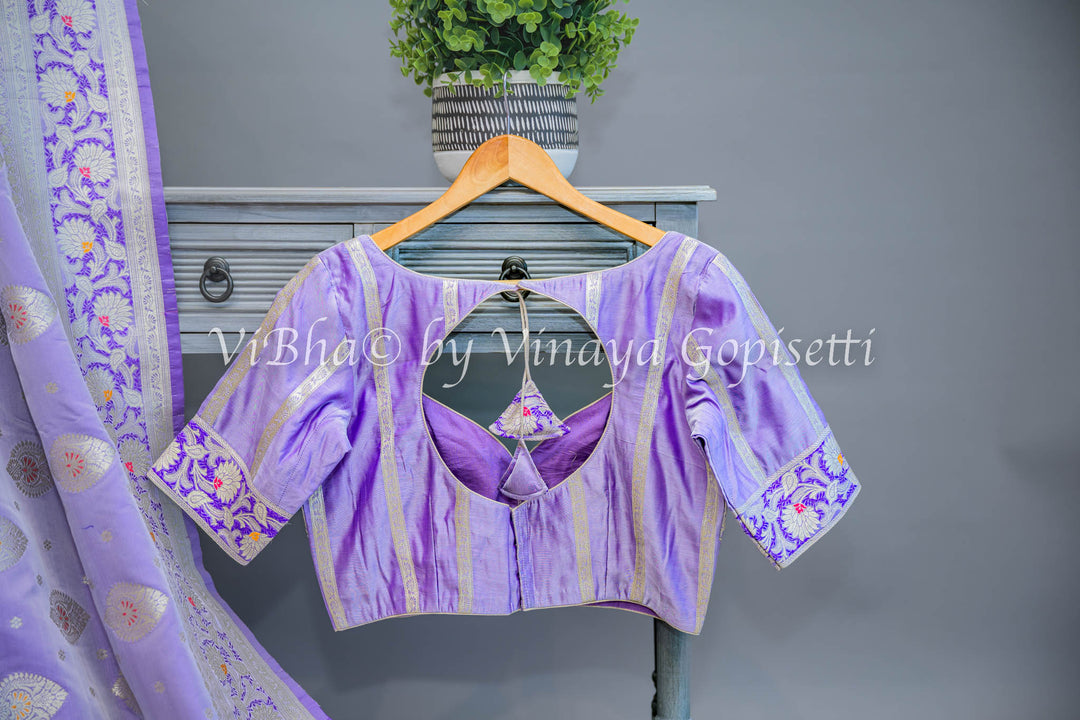 Lilac Banarasi Katan Silk Saree And Blouse