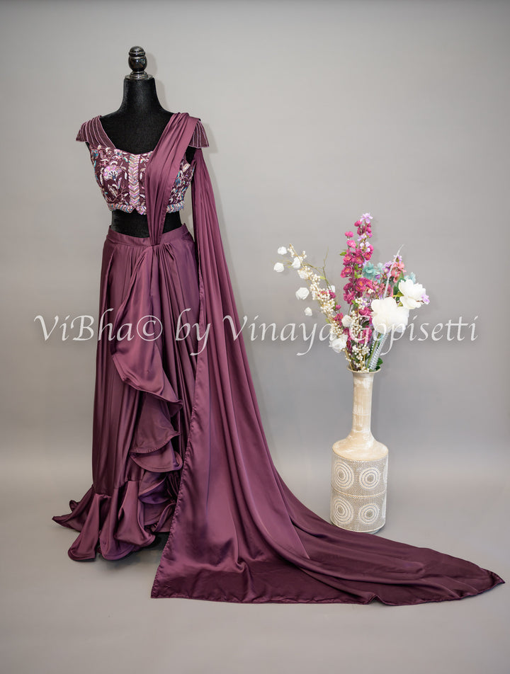 Dark Wine Ruffled Draped Saree And Embroidered Blouse