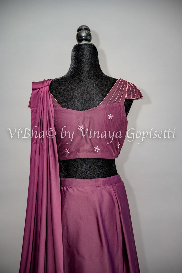 Dark Wine Ruffled Draped Saree And Embroidered Blouse