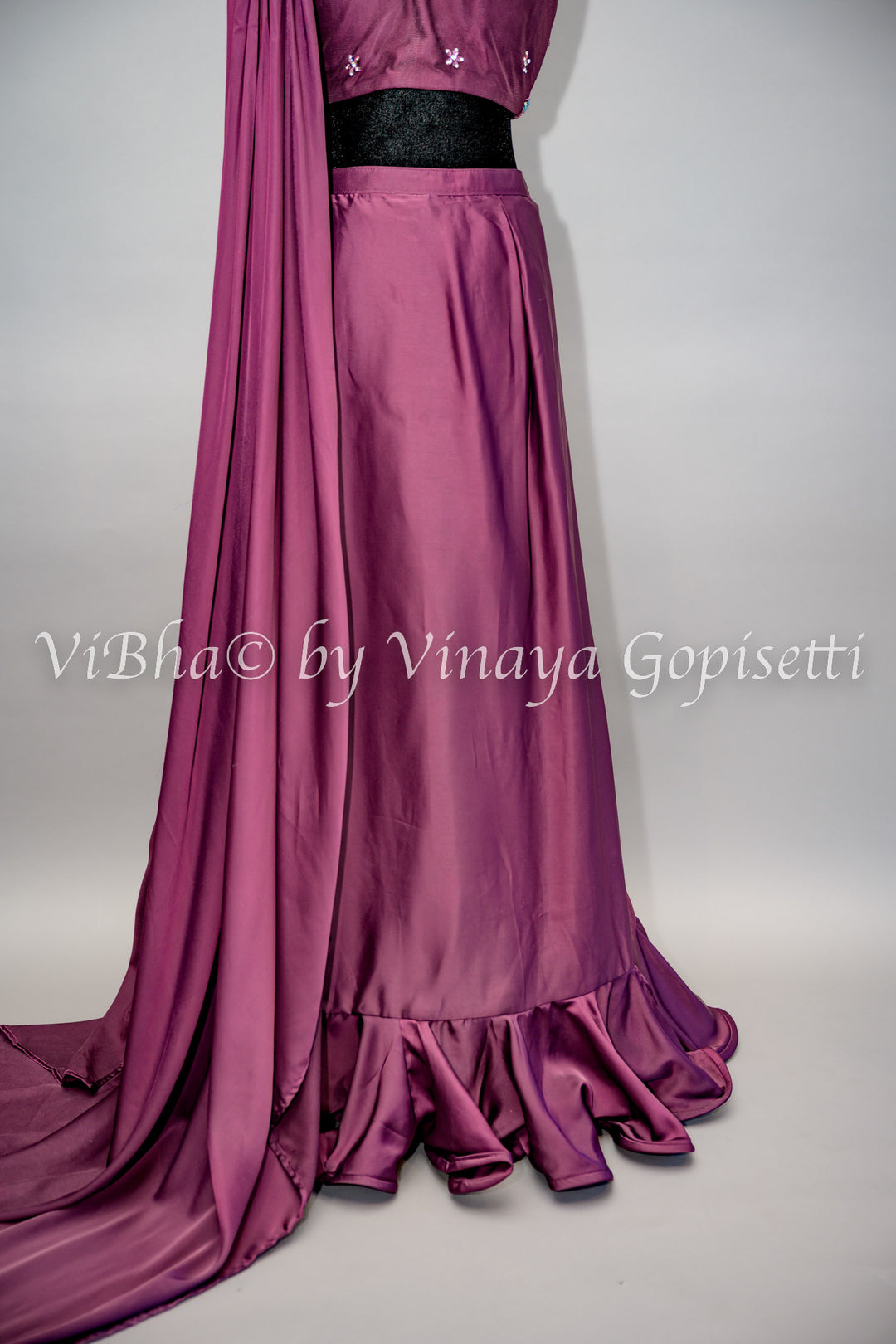 Dark Wine Ruffled Draped Saree And Embroidered Blouse