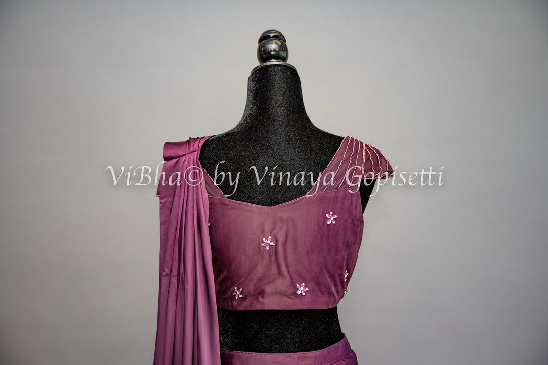 Dark Wine Ruffled Draped Saree And Embroidered Blouse